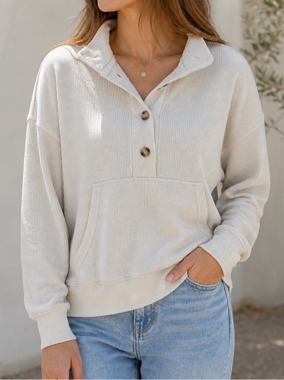 Neuflora Neutral Beige Button-Up Pullover